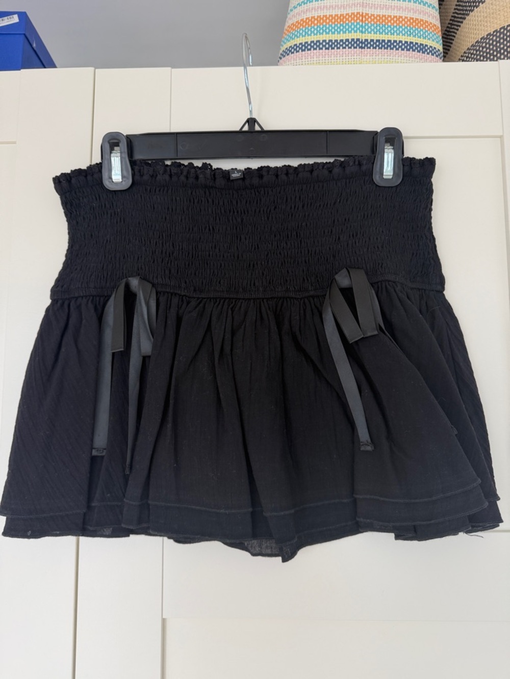 Cotton Candy LA Black Smocked Mini Skirt with Ribbon Bow Ties